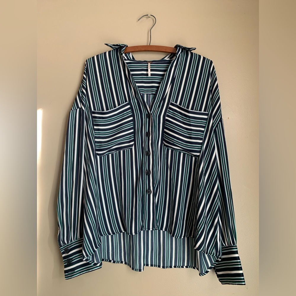 Free People Striped Button-Down Shirt in Navy, Teal, White